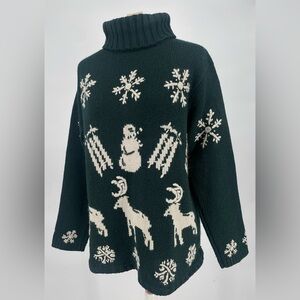 80s/90s Silk & Wool Chunky Knit Forest Green Winter Snowflake Motif Sweater